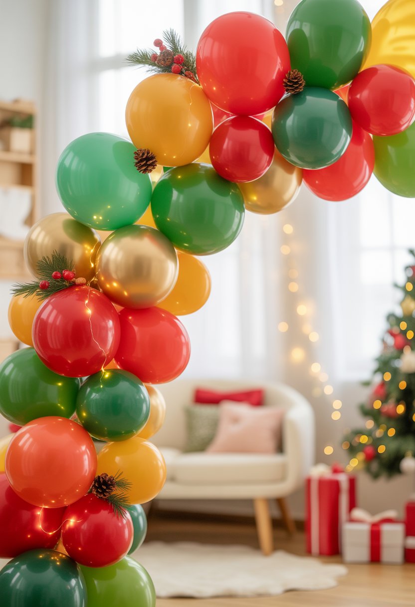 A colorful balloon arch in red, green, and gold decorated with holiday accents for a Christmas baby shower in a cozy indoor setting.